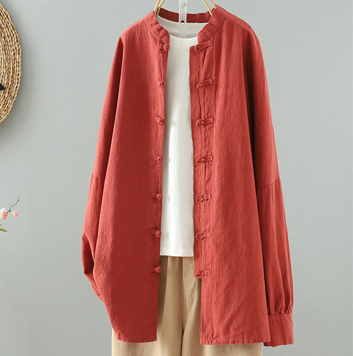 Buddha Stones Women's Solid Color Simple Chinese Frog-Button Design Cotton Linen Shirt - OrangeRed - US14，UK/AU18，EU46 (2XL) - image 16
