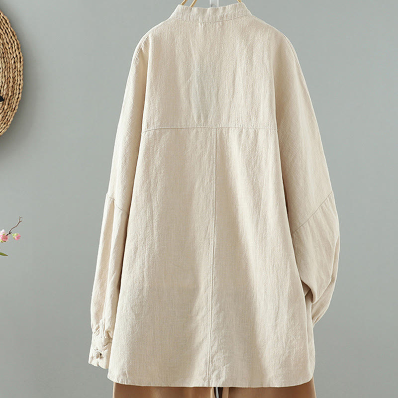 Buddha Stones Women's Solid Color Simple Chinese Frog-Button Design Cotton Linen Shirt - image 1