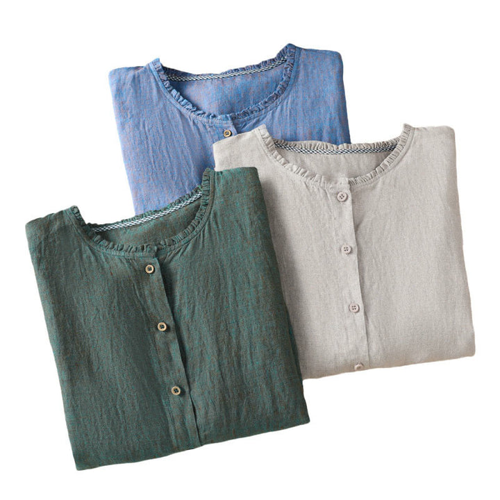 Buddha Stones Spring Solid Color Buttons Design Ruffled Crew Neck Women's Shirt - image 21