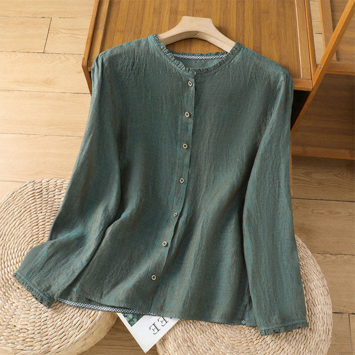 Buddha Stones Spring Solid Color Buttons Design Ruffled Crew Neck Women's Cotton Linen Shirt - SeaGreen - US14，UK/AU18，EU46 (2XL) - image 0