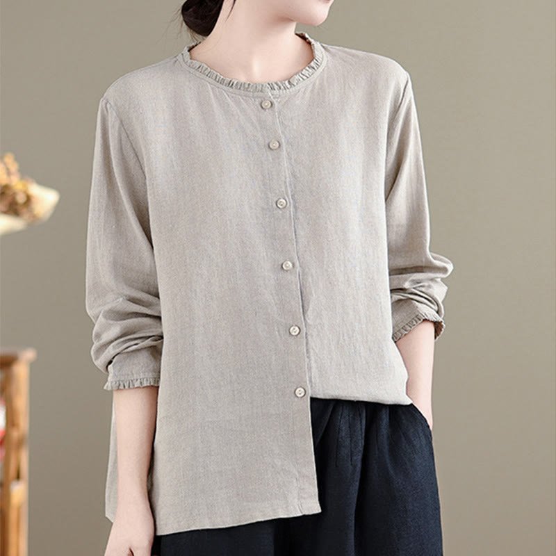 Buddha Stones Spring Solid Color Buttons Design Ruffled Crew Neck Women's Shirt - image 10