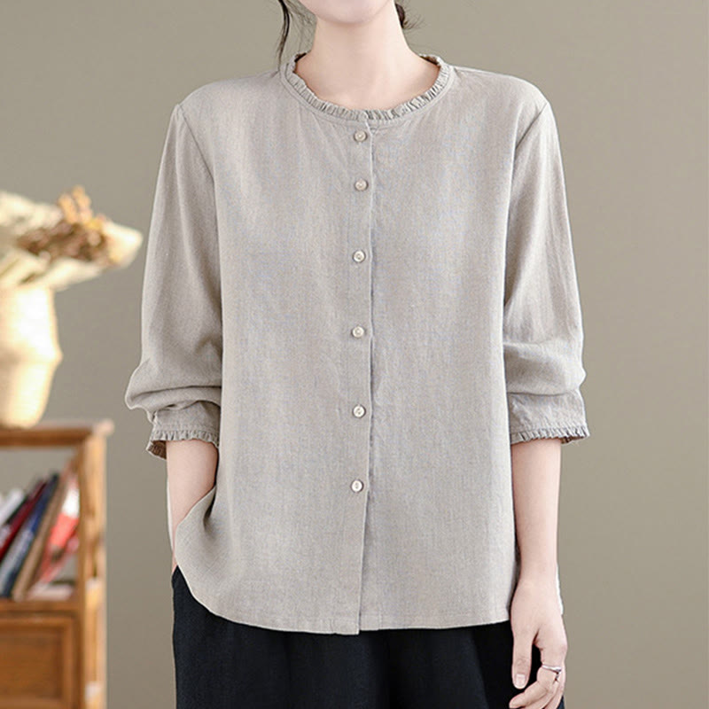Buddha Stones Spring Solid Color Buttons Design Ruffled Crew Neck Women's Cotton Linen Shirt - image 11
