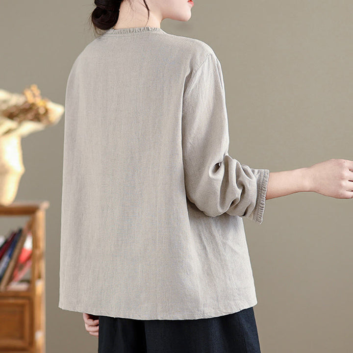 Buddha Stones Spring Solid Color Buttons Design Ruffled Crew Neck Women's Shirt - image 7