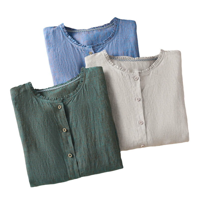 Buddha Stones Spring Solid Color Buttons Design Ruffled Crew Neck Women's Cotton Linen Shirt - image 21