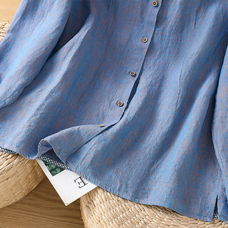 Buddha Stones Spring Solid Color Buttons Design Ruffled Crew Neck Women's Cotton Linen Shirt - image 18