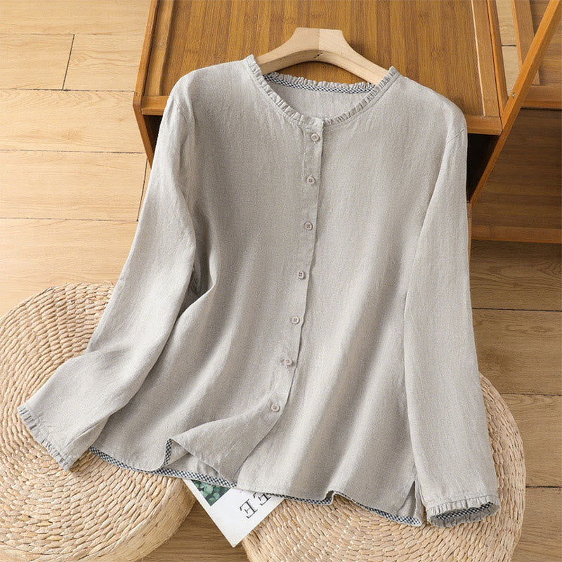 Buddha Stones Spring Solid Color Buttons Design Ruffled Crew Neck Women's Cotton Linen Shirt - Silver - US14，UK/AU18，EU46 (2XL) - image 6