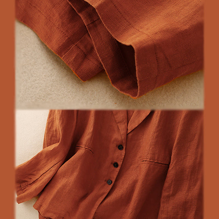 Buddha Stones Commute Retro Pure Color Lapel Cotton Linen Women's Jacket With Pockets - image 16