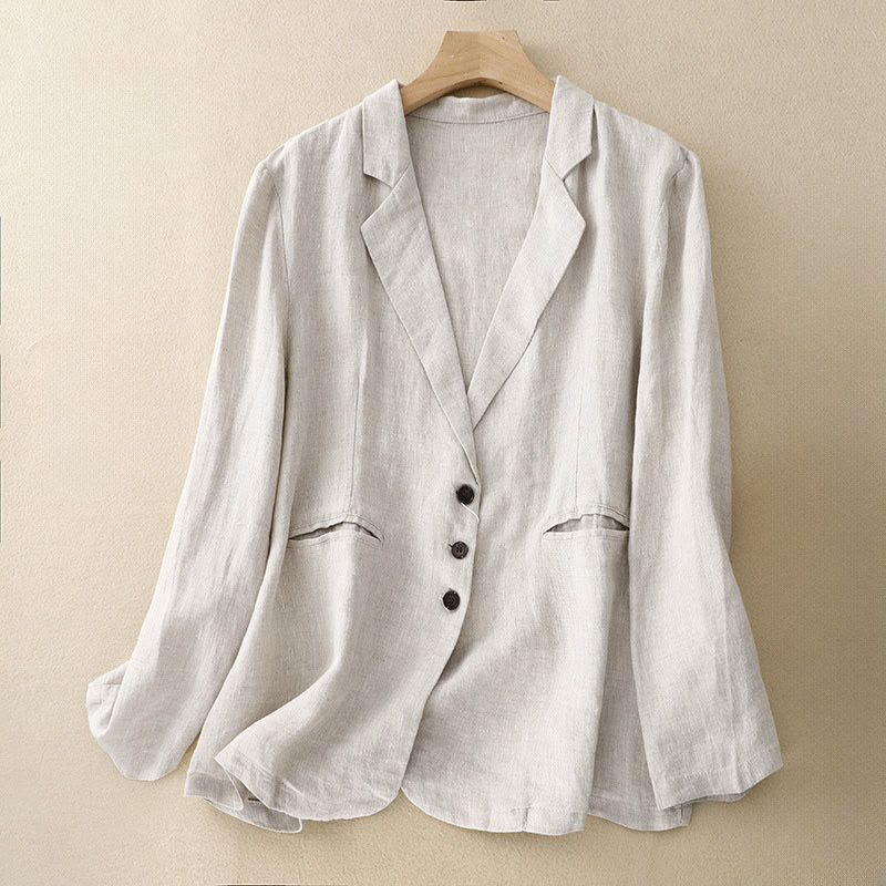 Buddha Stones Commute Retro Pure Color Lapel Cotton Linen Women's Jacket With Pockets - FloralWhite - US14，UK/AU18，EU46 (2XL) - image 8