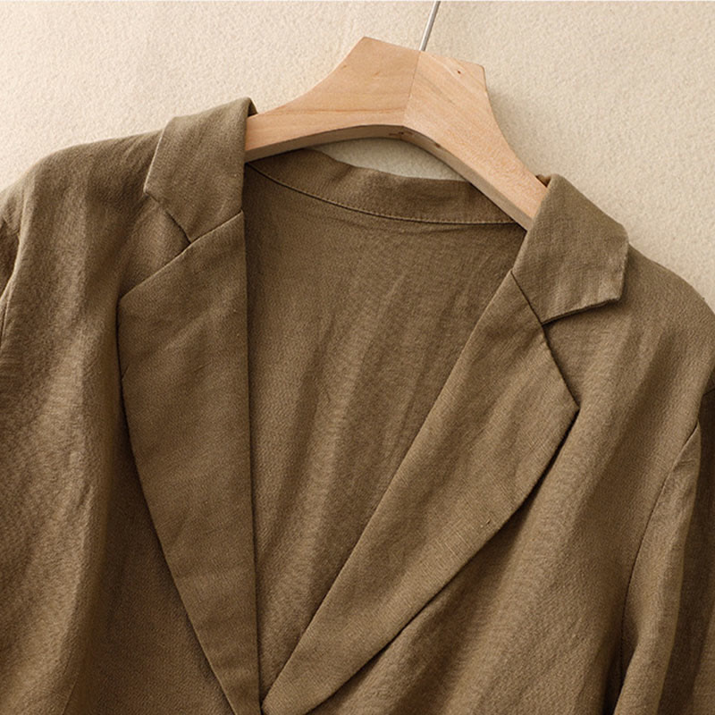 Buddha Stones Commute Retro Pure Color Lapel Cotton Linen Women's Jacket With Pockets - image 2