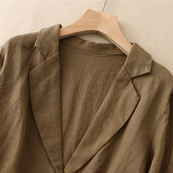 Buddha Stones Commute Retro Pure Color Lapel Cotton Linen Women's Jacket With Pockets - image 2