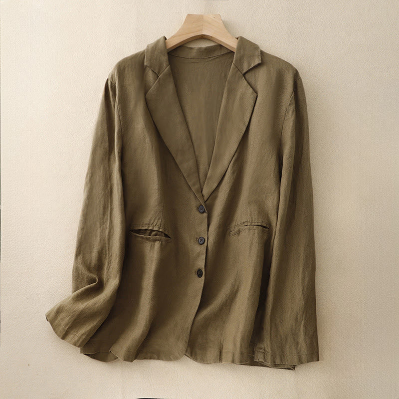Buddha Stones Commute Retro Pure Color Lapel Cotton Linen Women's Jacket With Pockets - DarkGoldenrod - US14，UK/AU18，EU46 (2XL) - image 1