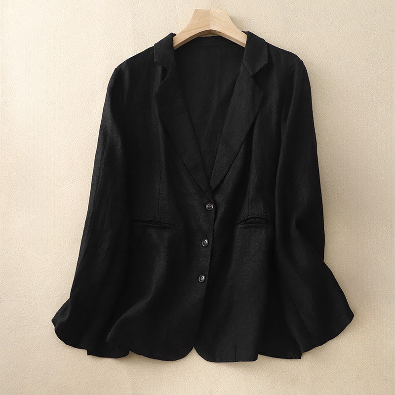 Buddha Stones Commute Retro Pure Color Lapel Cotton Linen Women's Jacket With Pockets - Black - US14，UK/AU18，EU46 (2XL) - image 5