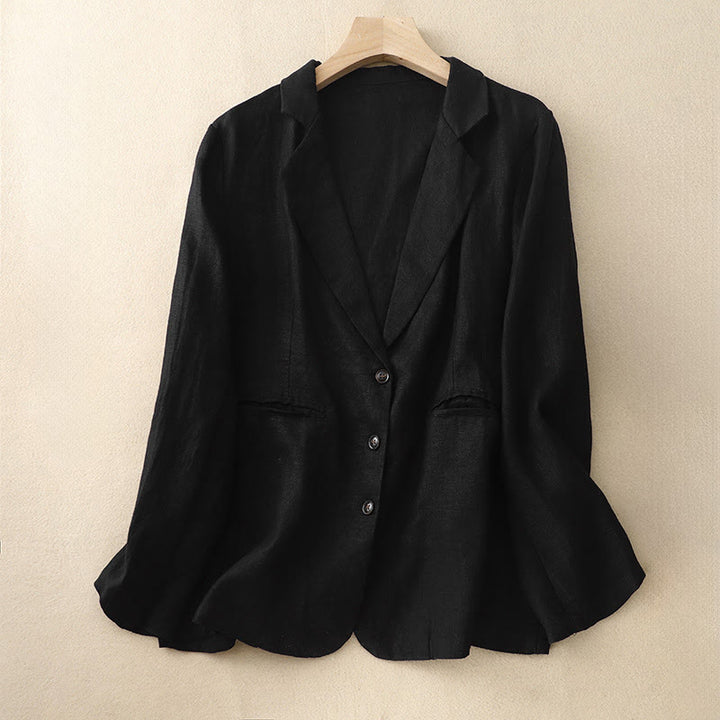 Buddha Stones Commute Retro Pure Color Lapel Cotton Linen Women's Jacket With Pockets - Black - US14，UK/AU18，EU46 (2XL) - image 5