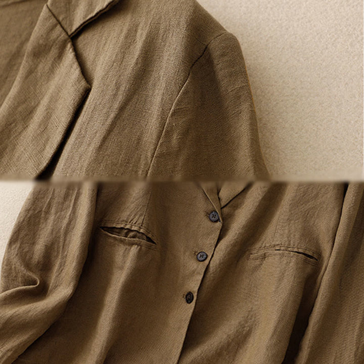 Buddha Stones Commute Retro Pure Color Lapel Cotton Linen Women's Jacket With Pockets - image 3