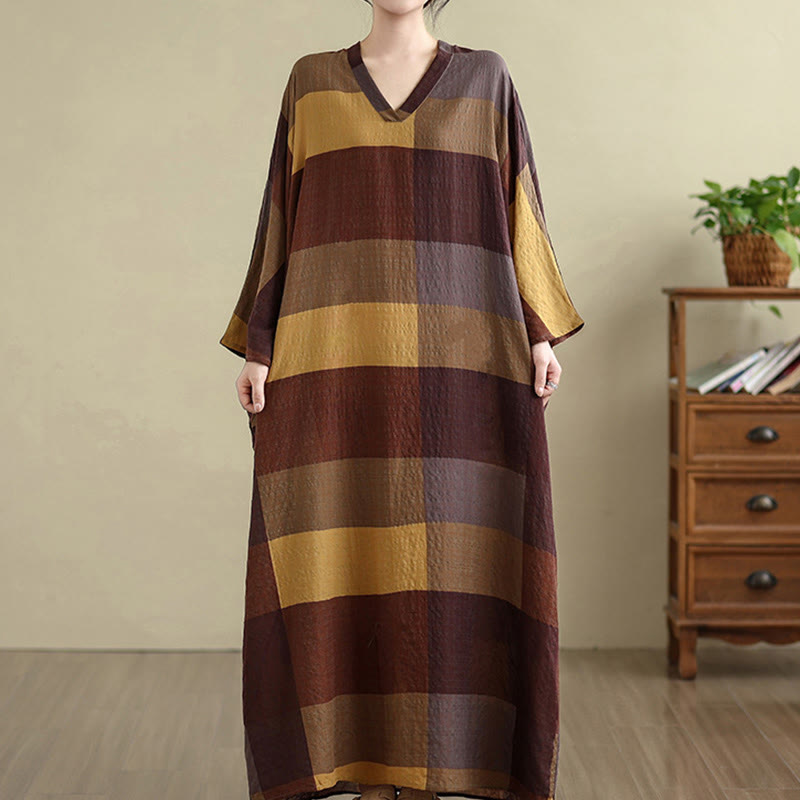Buddha Stones Spliced Plaid Pattern Cotton Linen Women's Maxi Dress With Pockets - image 3