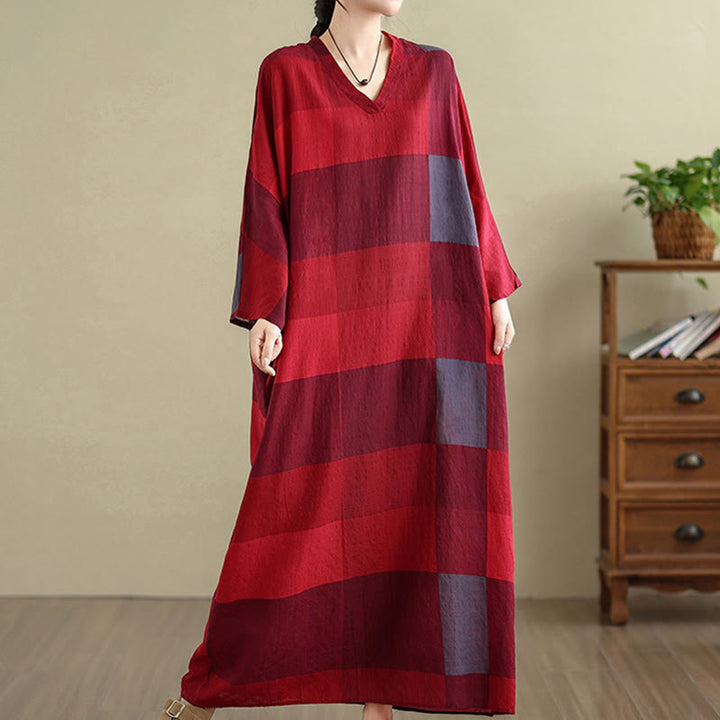 Buddha Stones Spliced Plaid Pattern Cotton Linen Women's Maxi Dress With Pockets - image 12