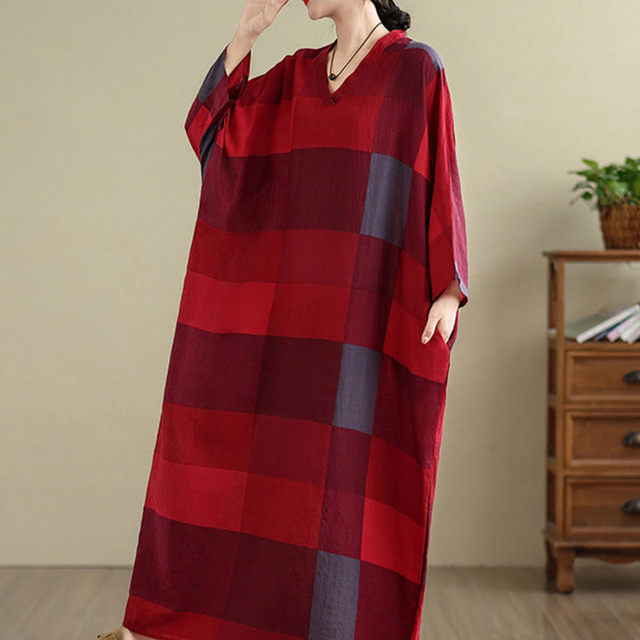 Buddha Stones Spliced Plaid Pattern Cotton Linen Women's Maxi Dress With Pockets - image 9
