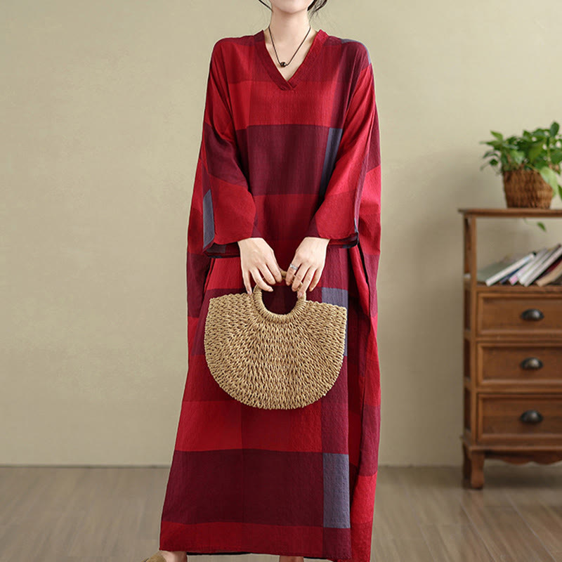 Buddha Stones Spliced Plaid Pattern Cotton Linen Women's Maxi Dress With Pockets - FireBrick - US4-12，UK/AU8-16，EU36-44 (F) - image 6