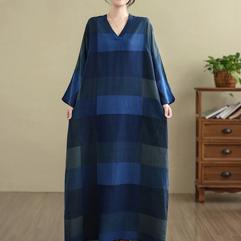 Buddha Stones Spliced Plaid Pattern Cotton Linen Women's Maxi Dress With Pockets - image 19