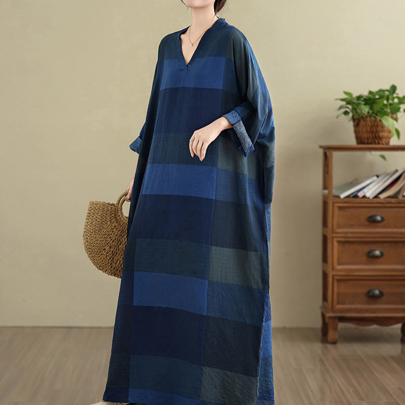 Buddha Stones Spliced Plaid Pattern Cotton Linen Women's Maxi Dress With Pockets - image 21