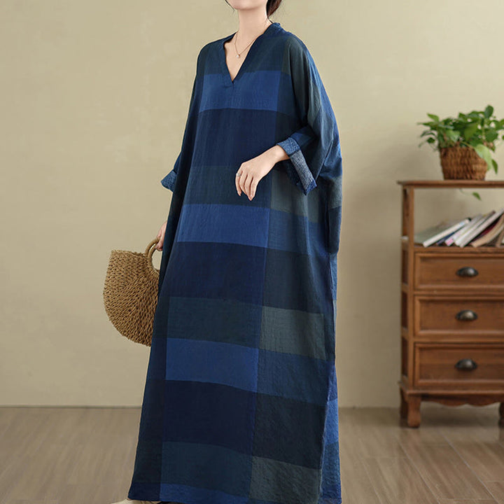 Buddha Stones Spliced Plaid Pattern Cotton Linen Women's Maxi Dress With Pockets - image 21