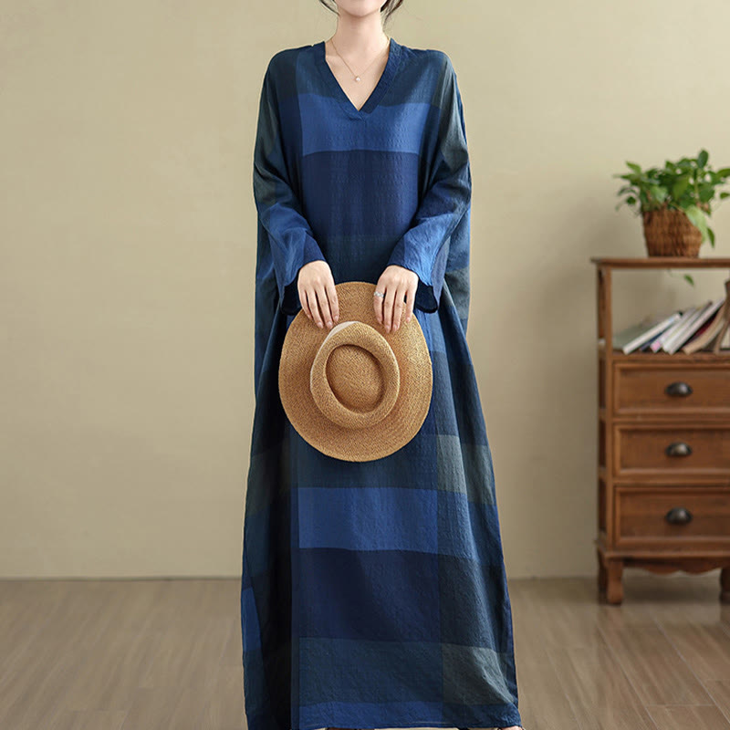 Buddha Stones Spliced Plaid Pattern Cotton Linen Women's Maxi Dress With Pockets - MidnightBlue - US4-12，UK/AU8-16，EU36-44 (F) - image 17