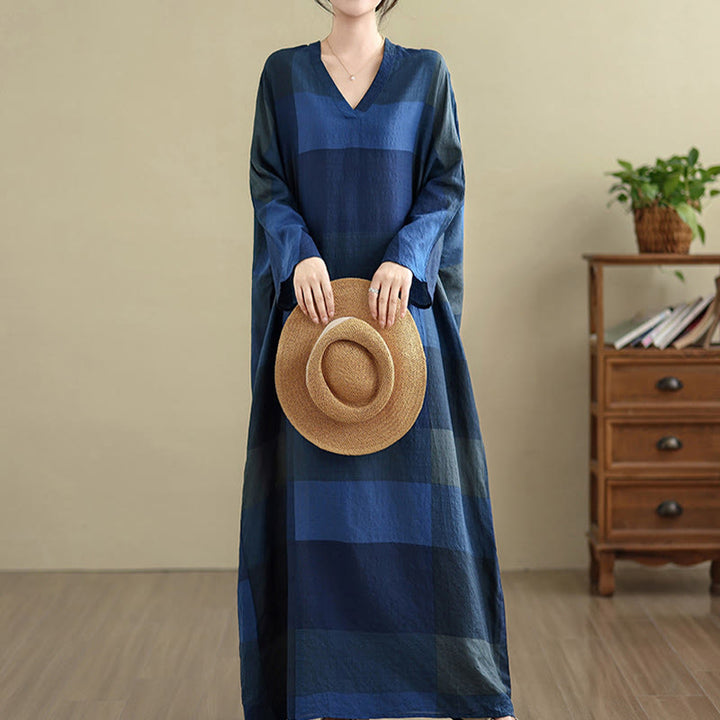 Buddha Stones Spliced Plaid Pattern Cotton Linen Women's Maxi Dress With Pockets - MidnightBlue - US4-12，UK/AU8-16，EU36-44 (F) - image 17