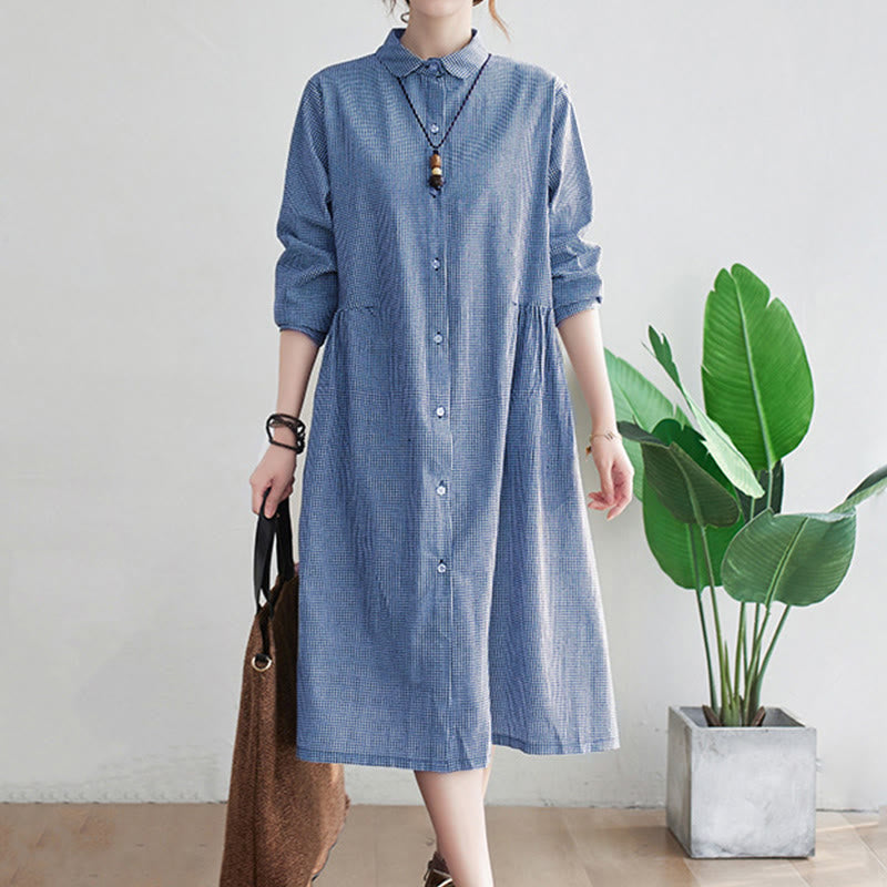 Buddha Stones Small Grid Pattern Cotton Linen Women's Midi Dress With Pockets - CornflowerBlue - US8-10，UK/AU12-14，EU40-42 (2XL) - image 1