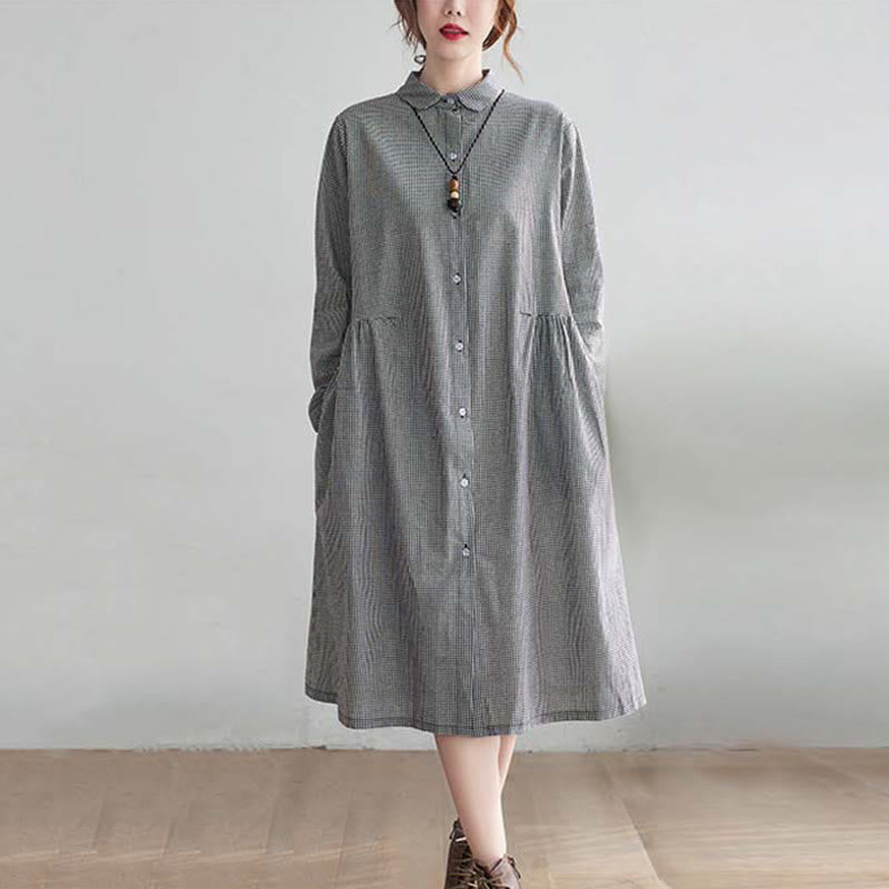 Buddha Stones Small Grid Pattern Cotton Linen Women's Midi Dress With Pockets - LightSlateGray - US8-10，UK/AU12-14，EU40-42 (2XL) - image 4