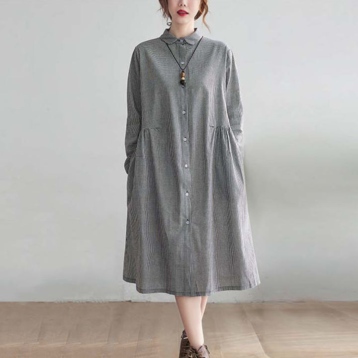 Buddha Stones Small Grid Pattern Cotton Linen Women's Midi Dress With Pockets - LightSlateGray - US8-10，UK/AU12-14，EU40-42 (2XL) - image 4