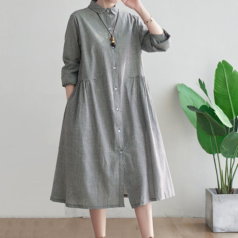 Buddha Stones Small Grid Pattern Cotton Linen Women's Midi Dress With Pockets - image 7