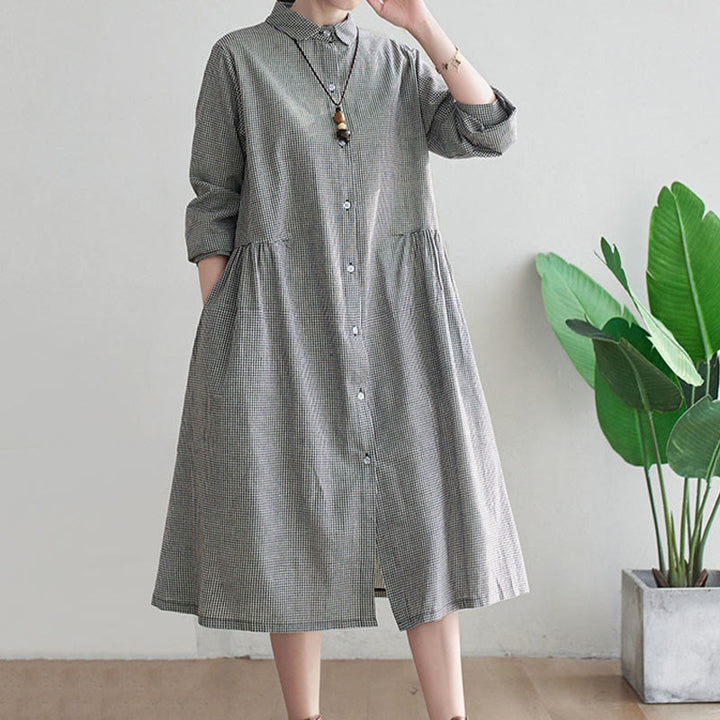 Buddha Stones Small Grid Pattern Cotton Linen Women's Midi Dress With Pockets - image 7
