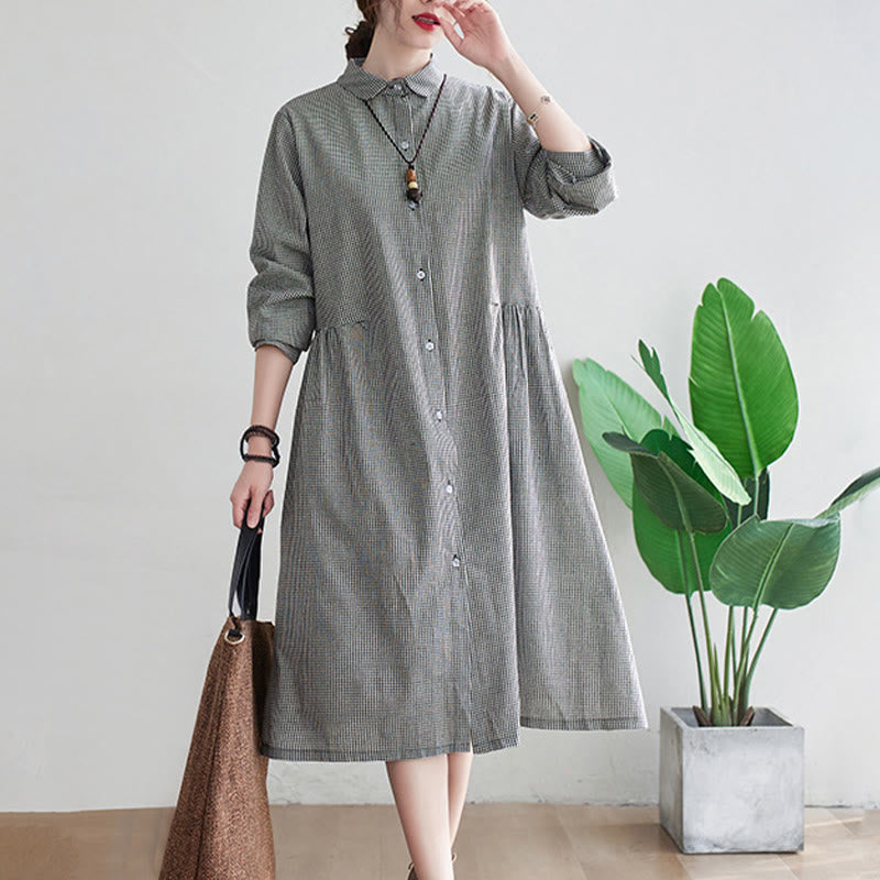 Buddha Stones Small Grid Pattern Cotton Linen Women's Midi Dress With Pockets - image 11