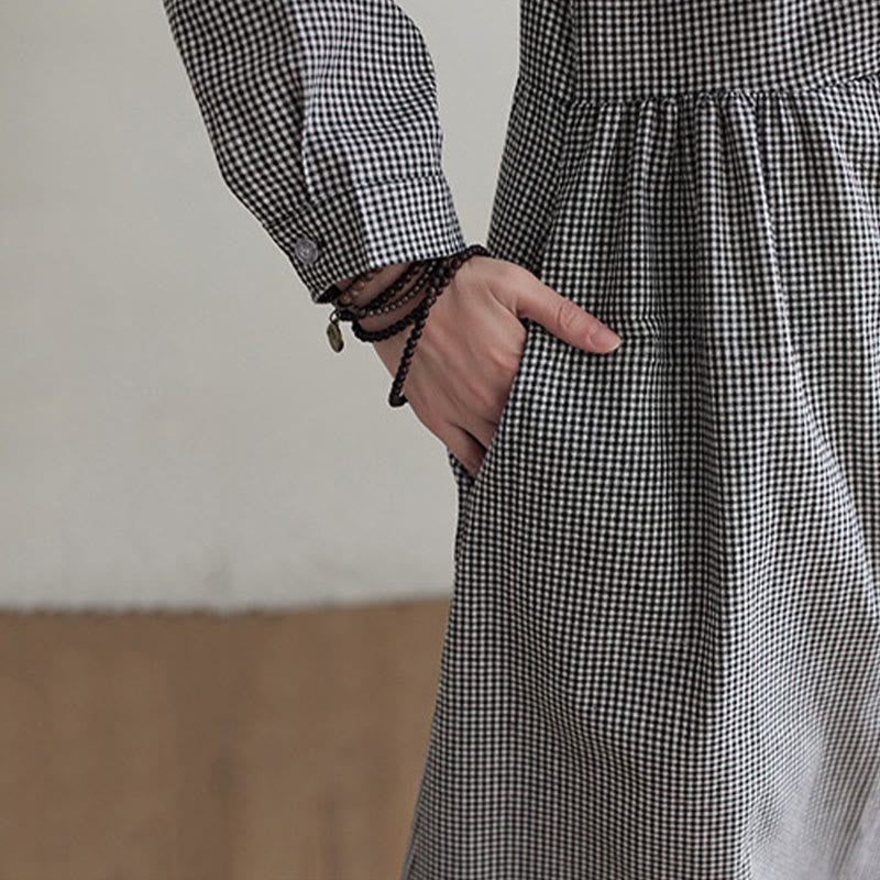 Buddha Stones Small Grid Pattern Cotton Linen Women's Midi Dress With Pockets - image 15
