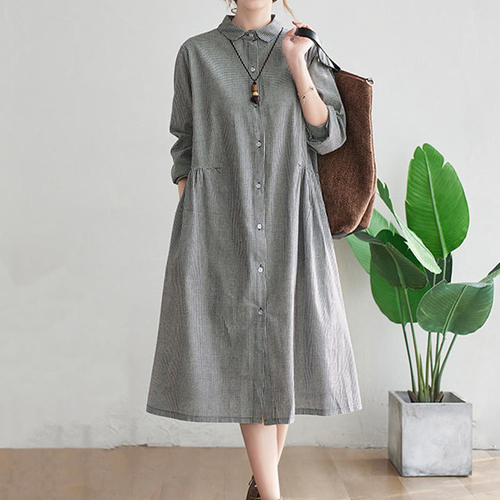 Buddha Stones Small Grid Pattern Cotton Linen Women's Midi Dress With Pockets - image 9