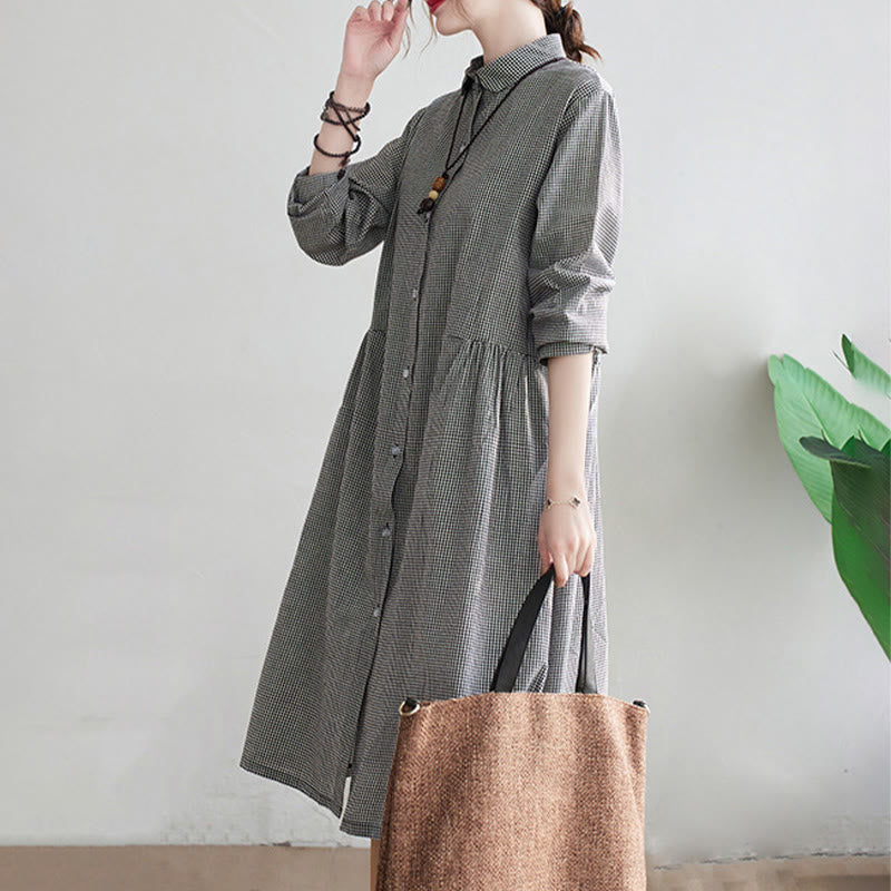 Buddha Stones Small Grid Pattern Cotton Linen Women's Midi Dress With Pockets - image 13