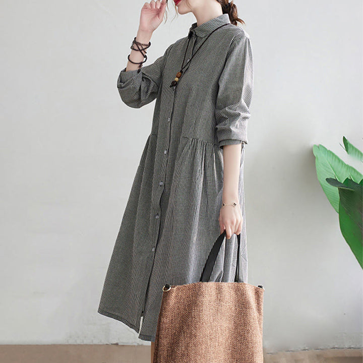 Buddha Stones Small Grid Pattern Cotton Linen Women's Midi Dress With Pockets - image 13