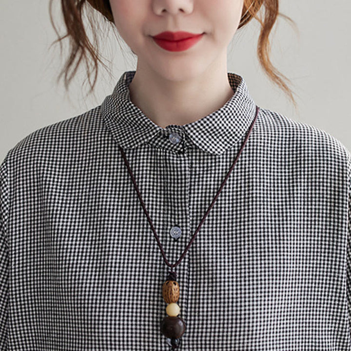 Buddha Stones Small Grid Pattern Cotton Linen Women's Midi Dress With Pockets - image 18