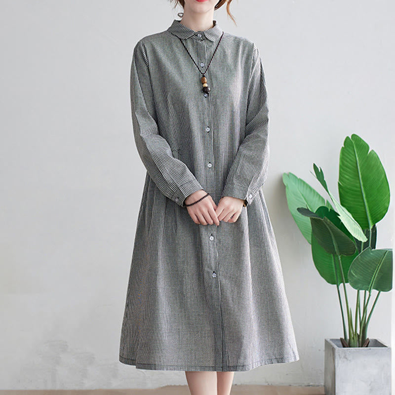Buddha Stones Small Grid Pattern Cotton Linen Women's Midi Dress With Pockets - image 12