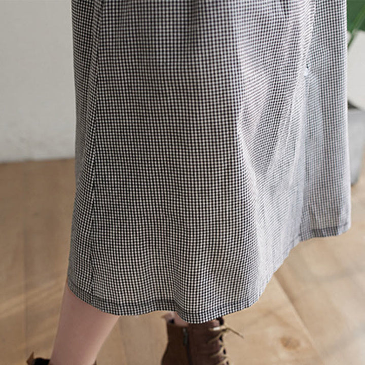 Buddha Stones Small Grid Pattern Cotton Linen Women's Midi Dress With Pockets - image 17