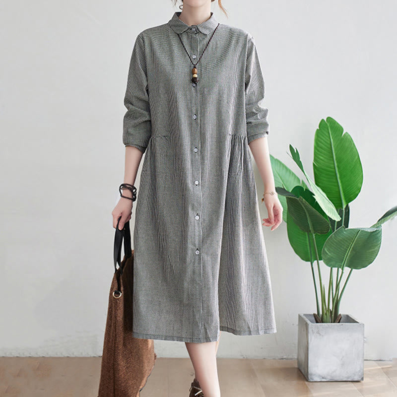 Buddha Stones Small Grid Pattern Cotton Linen Women's Midi Dress With Pockets - image 8