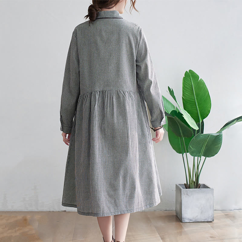 Buddha Stones Small Grid Pattern Cotton Linen Women's Midi Dress With Pockets - image 6