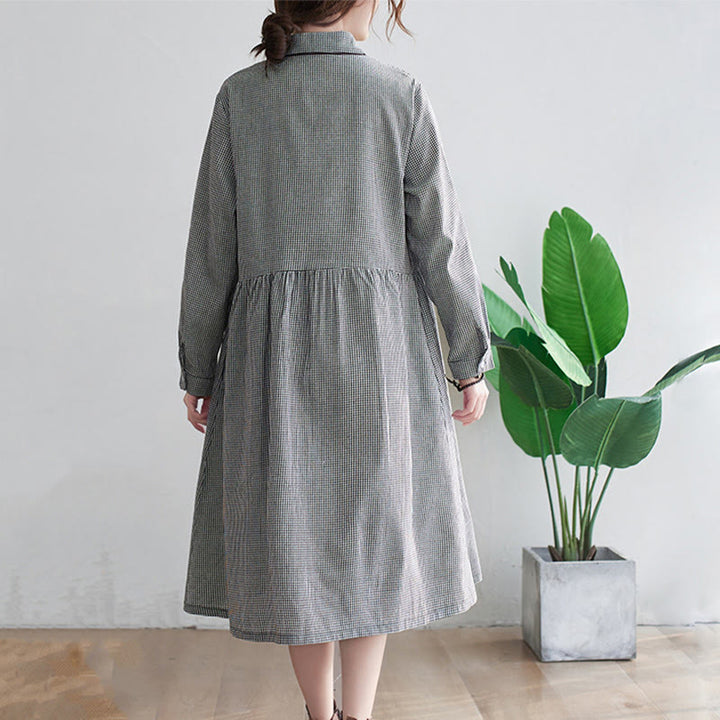 Buddha Stones Small Grid Pattern Cotton Linen Women's Midi Dress With Pockets - image 6
