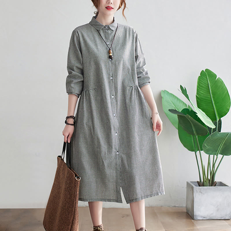 Buddha Stones Small Grid Pattern Cotton Linen Women's Midi Dress With Pockets - image 10
