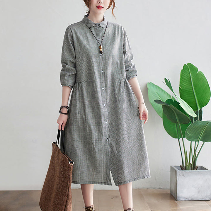 Buddha Stones Small Grid Pattern Cotton Linen Women's Midi Dress With Pockets - image 10