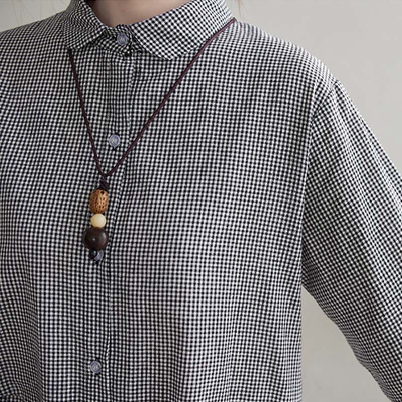 Buddha Stones Small Grid Pattern Cotton Linen Women's Midi Dress With Pockets - image 14