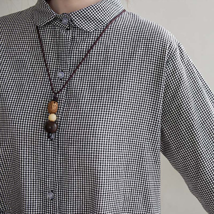 Buddha Stones Small Grid Pattern Cotton Linen Women's Midi Dress With Pockets - image 14
