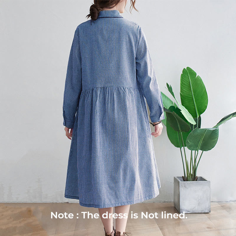 Buddha Stones Small Grid Pattern Cotton Linen Women's Midi Dress With Pockets - image 2