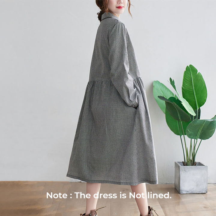 Buddha Stones Small Grid Pattern Cotton Linen Women's Midi Dress With Pockets - image 5