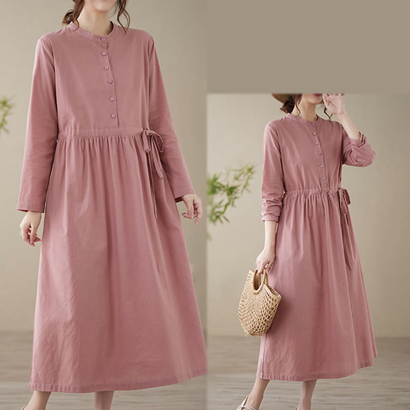 Buddha Stones Casual Plain Crew Neck Lace-up Cotton Linen Midi Dress With Pockets - image 17